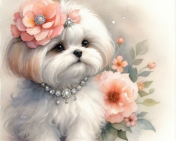 Fluffy White Dog with Flower Crown in Pastel Setting