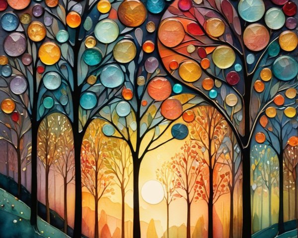 Vibrant Abstract Landscape with Colorful Trees and Sun