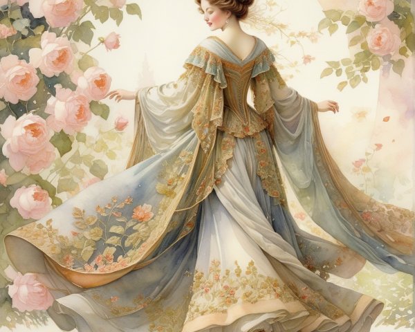 Graceful woman in ornate floral gown among roses