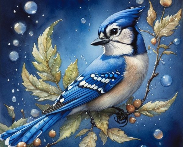 Blue Jay on Branch with Leaves and Berries