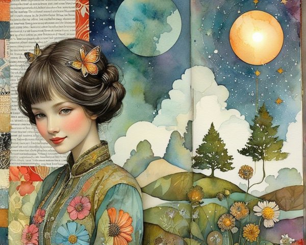 Serene Young Woman in Colorful Outfit with Dreamy Landscape