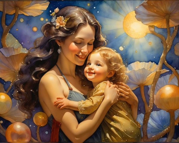 Mother and Child Embrace in Whimsical Setting