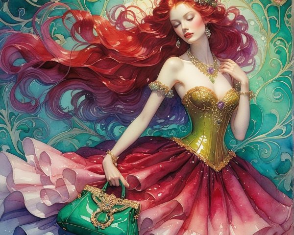 Fantasy Scene of a Woman in Elegant Gown and Accessories