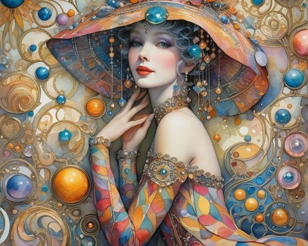 Elegant Woman in Vibrant Gown and Wide-Brimmed Hat