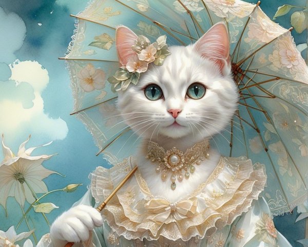 Victorian Cat in Elegant Attire with Parasol