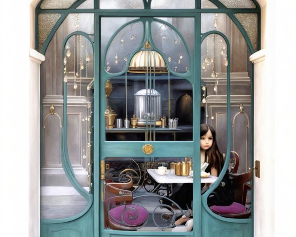 Teal Double Door Opening to Cozy Café Interior