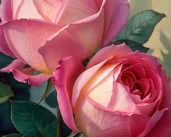 Lush Pink Roses with Green Leaves on Muted Background