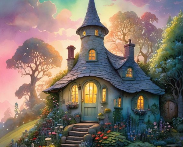 Whimsical Cottage with Spire in Colorful Gardens