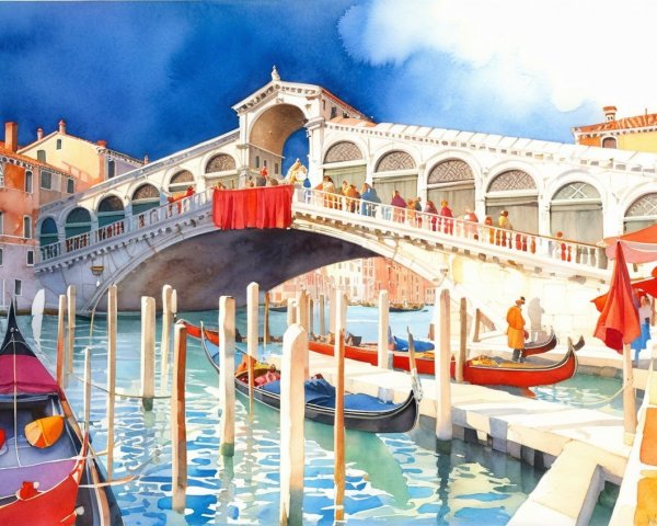 Vibrant Watercolor of Rialto Bridge in Venice