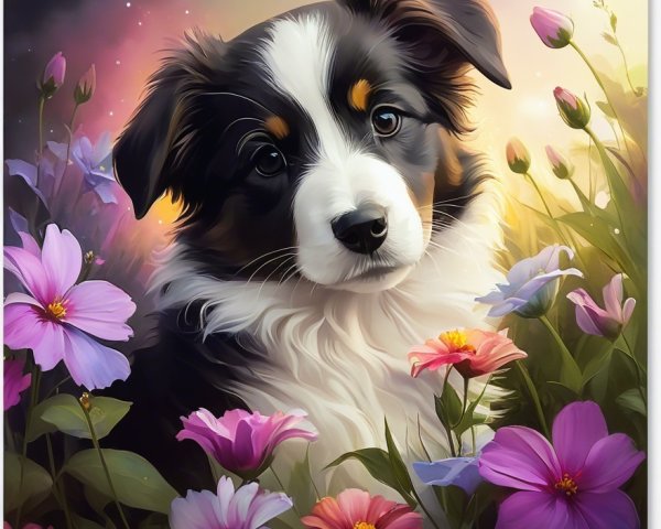 Puppy in Blooming Flower Field with Soft Colors