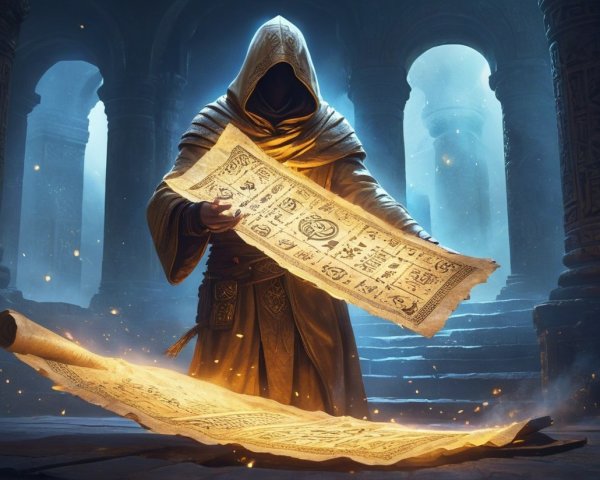 Cloaked Figure in Mystical Chamber with Ancient Scroll
