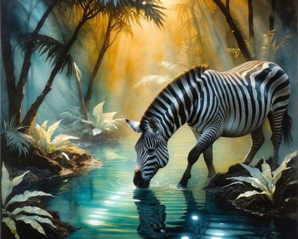 Zebra by Tranquil Pool in Lush Jungle Setting