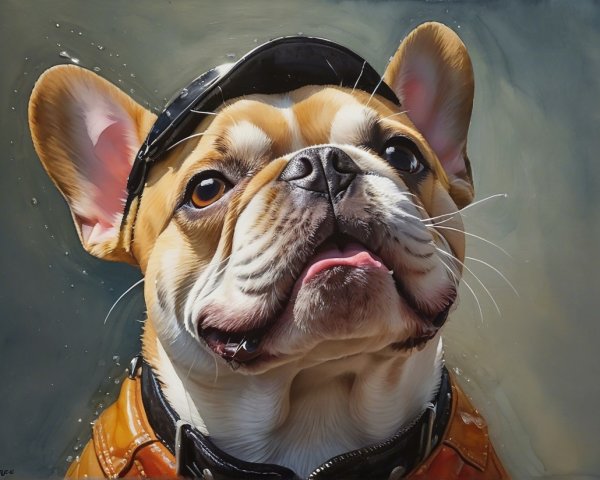 French Bulldog in Cap and Leather Jacket Portrait