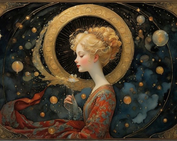 Serene Woman in Gown with Celestial Background