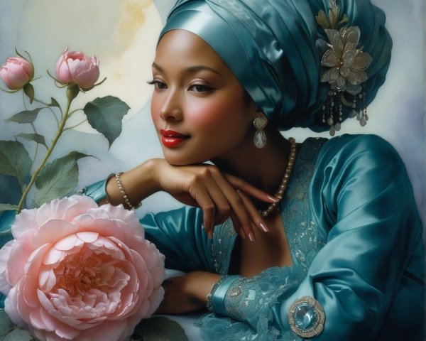Serene Woman in Turquoise with Pink Peony and Moon