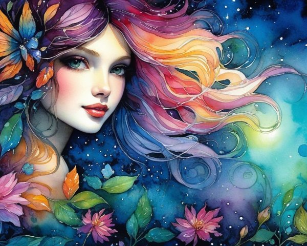 Vibrant Portrait of a Woman with Cosmic Hair and Nature