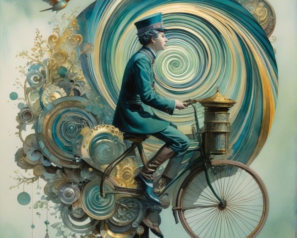 Whimsical Postal Worker on Vintage Bicycle with Gears