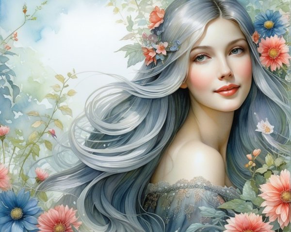 Serene Young Woman with Silver Hair and Flowers