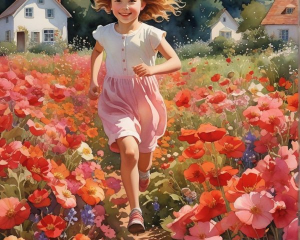 Young girl running in a colorful flower field