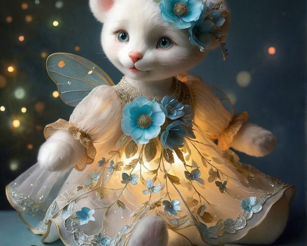 Whimsical White Bear in Floral Dress with Butterfly Wings