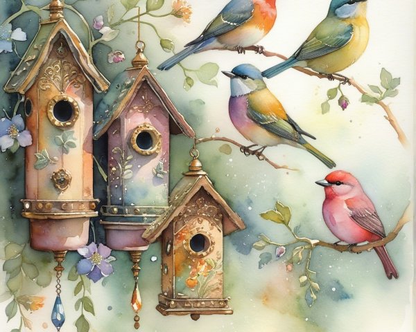 Colorful Birdhouses and Birds in Watercolor Illustration