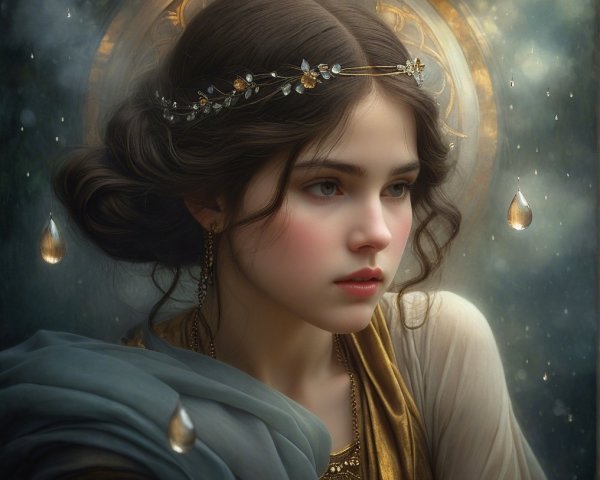 Young woman in elegant gold and blue attire with glow