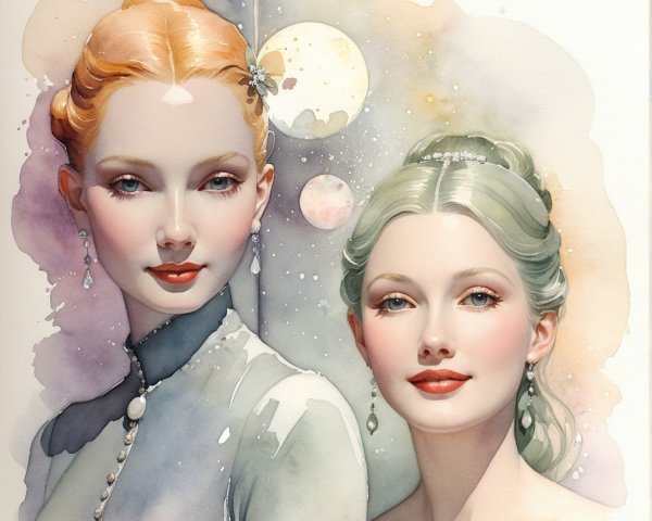 Elegant Women in Watercolor with Cosmic Background
