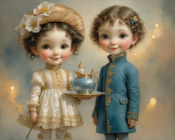 Charming Vintage Children with Teapot in Dreamy Setting