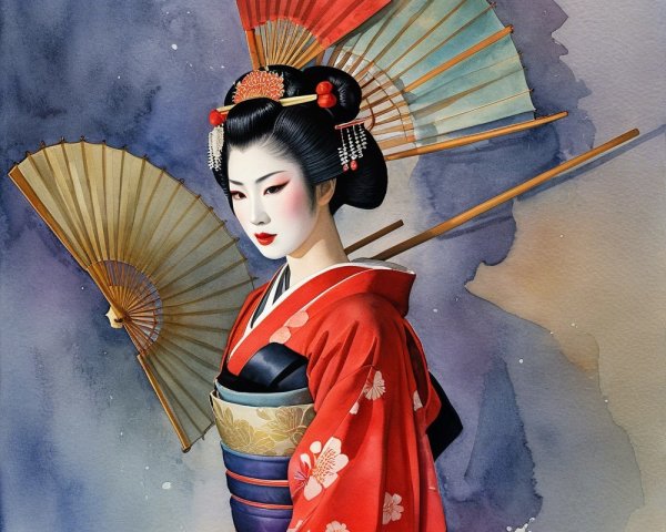 Graceful Geisha in Red Kimono with Folding Fans