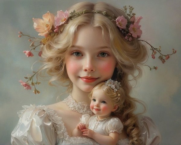 Young girl with blonde hair and flower-adorned doll