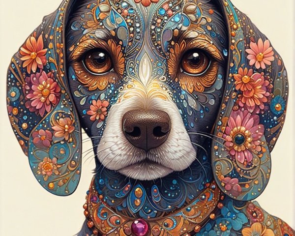 Adorned Dog with Floral Patterns and Vibrant Colors