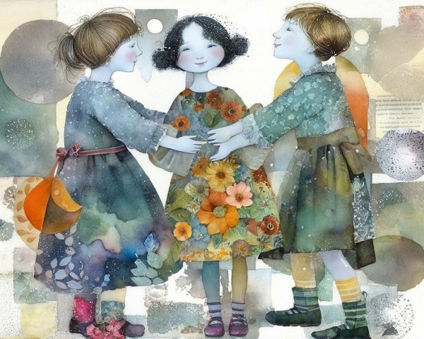Whimsical Illustration of Three Girls in Floral Dresses