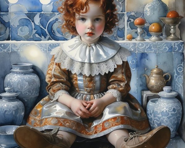 Young girl in ornate dress on tiled floor with ceramics