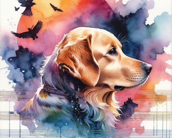 Golden Retriever Against Colorful Sunset and Watercolors