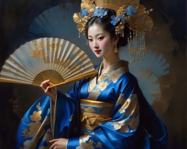 Elegant Woman in Blue Kimono with Floral Patterns