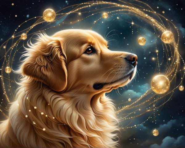 Golden Retriever in Cosmic Starry Background