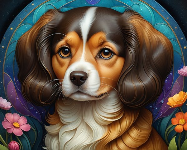 Illustrated Portrait of a Dog with Floral Background