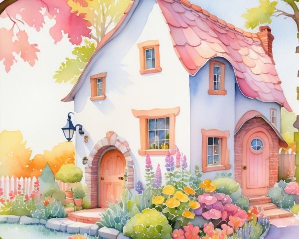 Charming Cottage Surrounded by Colorful Flowers and Trees