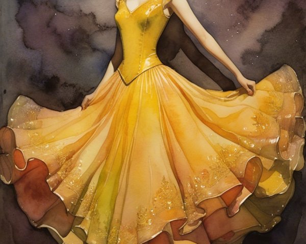 Elegant yellow gown with shimmering details in starlit sky