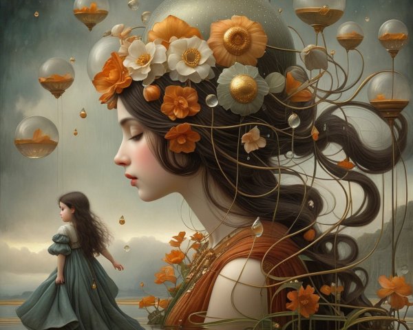 Serene Young Woman and Girl in Dreamlike Landscape
