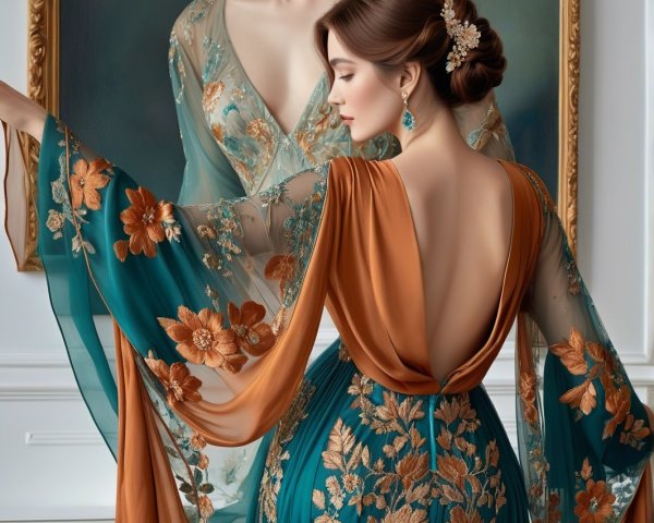 Elegant Woman in Floral Embroidered Dress and Hairpiece