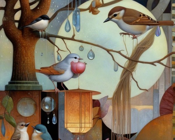 Whimsical Artwork of Birds and Moonlit Foliage