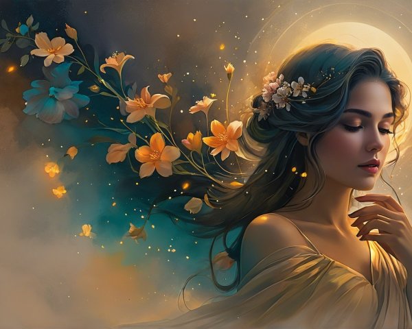 Serene Woman with Flowers in Dreamlike Atmosphere