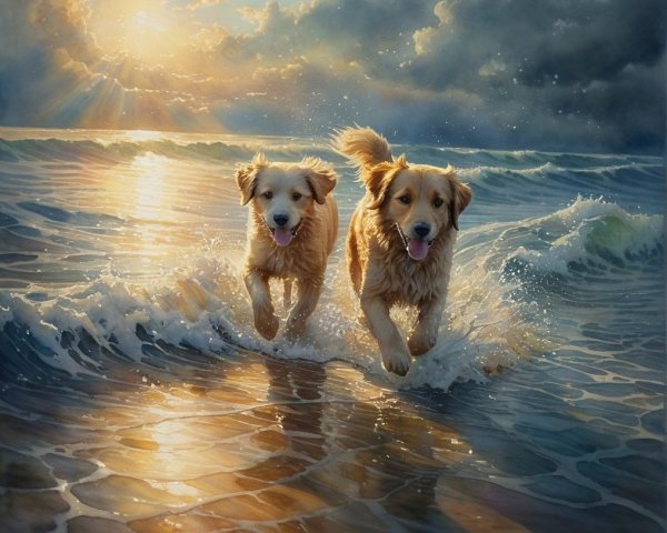 Golden Retrievers Running on a Beach with Waves