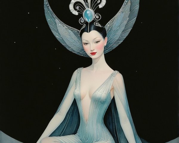 Ethereal Figure in Ice-Blue Gown with Headdress