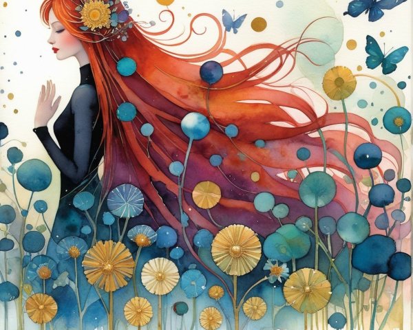 Serene figure with red hair and vibrant flowers