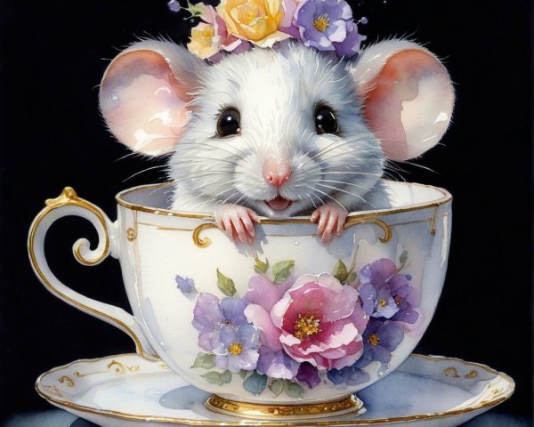 Mouse in Floral Teacup with Crown of Blossoms