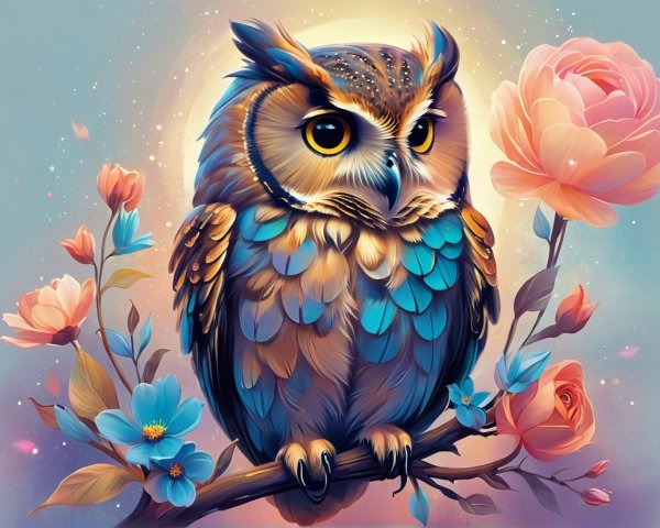 Illustration of a Colorful Owl on a Flowered Branch