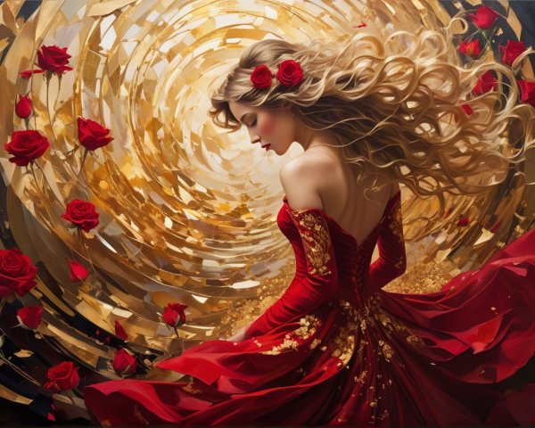 Elegant figure in red gown amidst golden patterns