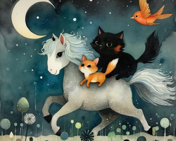 Whimsical Scene of Horse, Fox, and Cat at Night